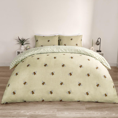 Bee Striped Duvet Cover Reversible Bedding Set, Sage - Double