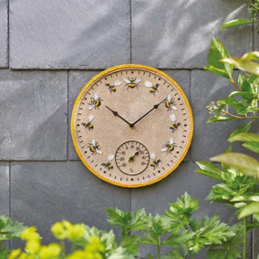 Bee Wall Clock & Thermometer - Battery Powered Weather Resistant Indoor Outdoor Quartz Clock with Temperature Dial - 30cm Diameter