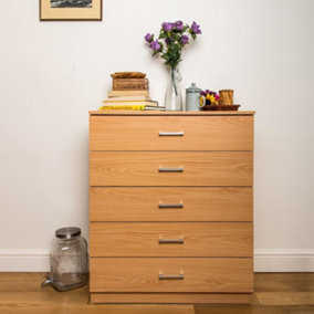 Beech Chest of 5 Drawers Wood With Anti Bowing  Support 90 x 75 x 36 cm