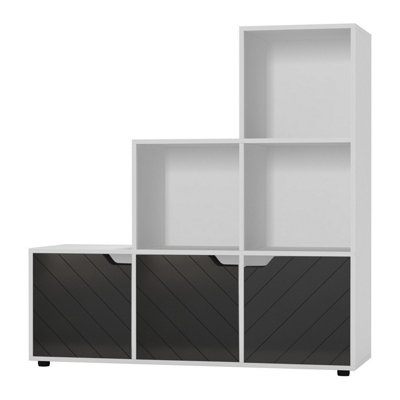 Beech, White - 6-Cube Step Shelving Unit With Line Doors