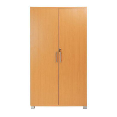 Beech Wooden 2 Door Lockable Storage Cabinet - 140 cm Tall Shoe Garage Storage, Filing Cabinet, Office Storage Cupboard 3 Shelves