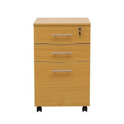 Beech wooden Filing cabinet with 3 drawers - 1 Lockable drawer Filing Cabinet - Short wood Office Storage Cupboard Organiser