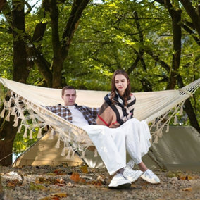 Beige 2 Seater Camping Hanging Canvas Hammock with Balance Spreader Bar and Bag