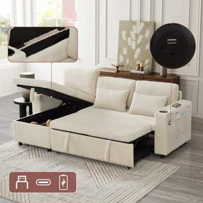 Beige 3-in-1 Convertible Corduroy Sofa Bed with Reversible Storage ...