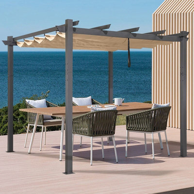 Beige 3 X 3 M Metal Foldable Pergola with Retractable Roof | DIY at B&Q