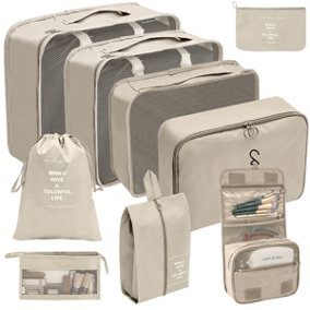 Beige 9PC Cosmetic Washing Outdoor Luggage Storage Bag
