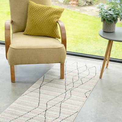 Beige Abstract Linear Moroccan Berber Runner Rug 60x240cm