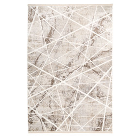 Beige Abstract Marble Bedroom Living Area Rug with Fringing 160x230cm