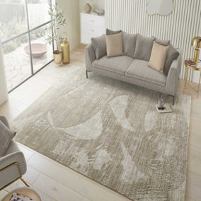 Beige Abstract Wool Luxurious Modern Easy to Clean Abstract Dining Room Bedroom and Living Room Rug -170cm X 240cm