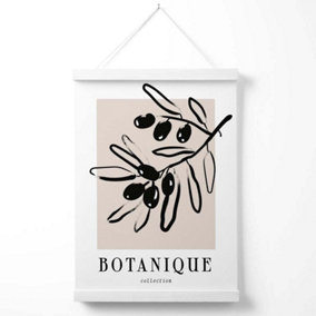Beige and Black Olive Boho Sketch Floral Poster with Hanger / 33cm / White