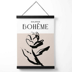Beige and Black Rose Boho Sketch Floral Medium Poster with Black Hanger