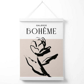 Beige and Black Rose Boho Sketch Floral Poster with Hanger / 33cm / White