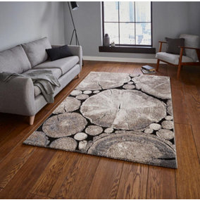 Beige/Black Abstract Funky Modern Easy to Clean Rug for Living Room Bedroom and Dining Room-120cm X 170cm
