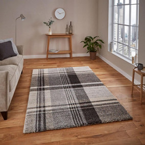 Beige/Black Chequered Modern Tartan Easy to clean Rug for Dining Room -120cm X 170cm