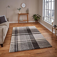 Beige/Black Chequered Modern Tartan Easy to clean Rug for Dining Room -160cm X 220cm