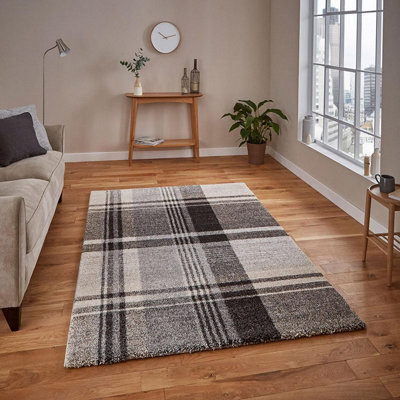 Beige/Black Chequered Modern Tartan Easy to clean Rug for Dining Room -160cm X 220cm