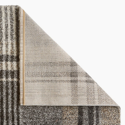 Beige/Black Chequered Modern Tartan Easy to clean Rug for Dining Room -160cm X 220cm