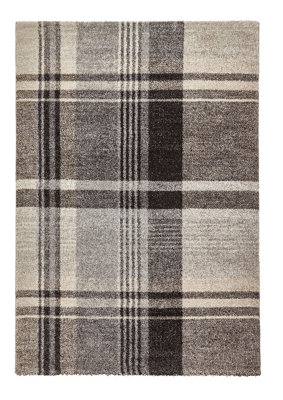 Beige/Black Chequered Modern Tartan Easy to clean Rug for Dining Room -160cm X 220cm