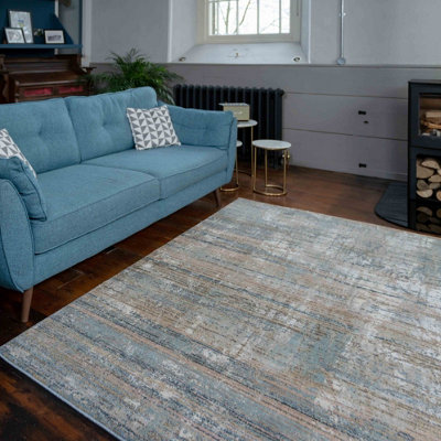 Beige Blue Living Area Rug with Distressed Finish 80x150cm