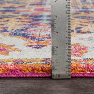 Beige Blue Orange Traditional Rug, Bordered Floral Stain Resistant For ...