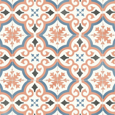 Beige&Blue Tile Effect  Vinyl Flooring For DiningRoom LivingRoom Hallways Conservatory And Kitchen Use-8m X 2m (16m²)