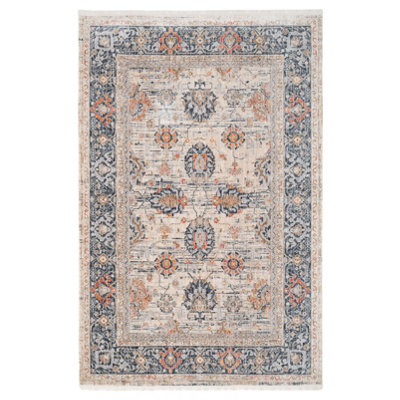 Beige Blue Traditional Floral Bordered Soft Fringed Rug 120x170cm