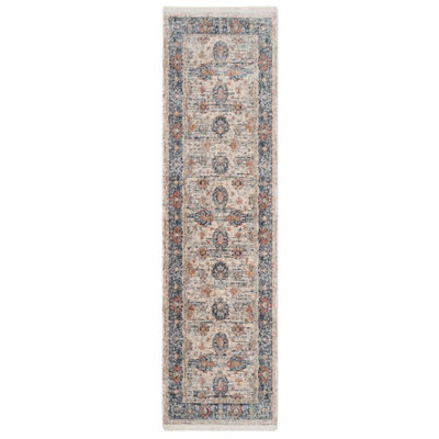 Beige Blue Traditional Floral Bordered Soft Fringed Runner Rug 60x240cm