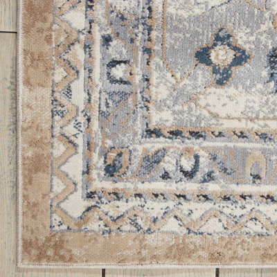 Beige Blue Traditional Floral Luxurious Easy to Clean Rug for Living Room Bedroom and Dining Room-66 X 231cm (Runner)