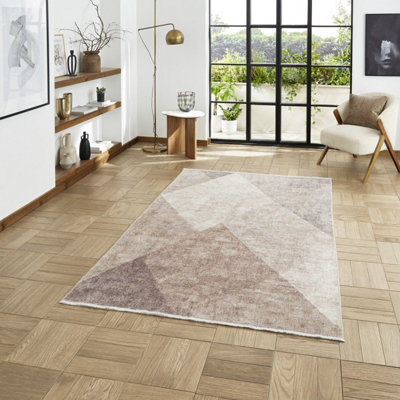 Beige Brown Geometric 5mm Thick Rug, Stain-Resistant Modern Rug for Bedroom, Living Room, & Dining Room-122cm X 170cm