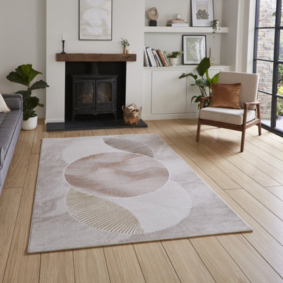 Beige Brown Geometric 8mm Thick Stain-Resistant Rug for Bedroom, Dining ...