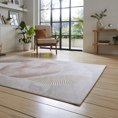 Beige Brown Geometric 8mm Thick Stain-Resistant Rug for Bedroom, Dining ...