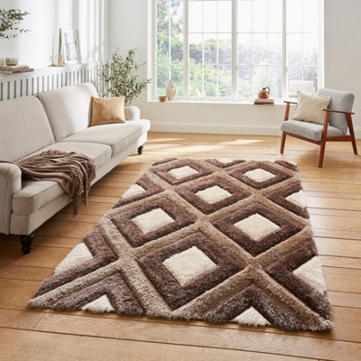 Beige Brown Modern Shaggy Geometric Rug For Dining Room-120cm X 170cm