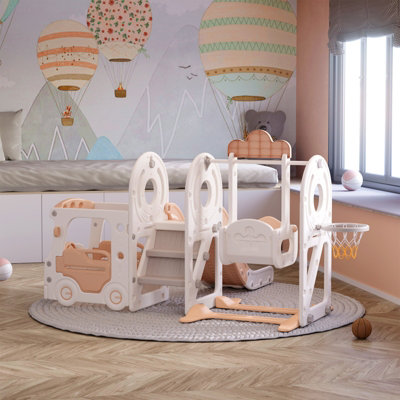 Beige Bus Cartoon 3 in 1 Slide and Swing Set Play Set with Basketball Hoop W 2160 x D 1710 x H 1150 mm