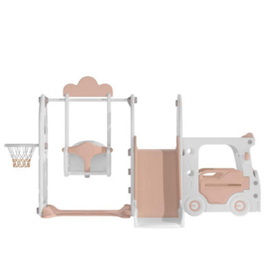 Beige Bus Cartoon 3 in 1 Slide and Swing Set Play Set with Basketball Hoop W 2160 x D 1710 x H 1150 mm