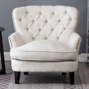 Beige Buttoned Occasional Armchair Linen Upholstered Sofa Chair Tub Chair Accent Chair for Living Room Bedroom Office