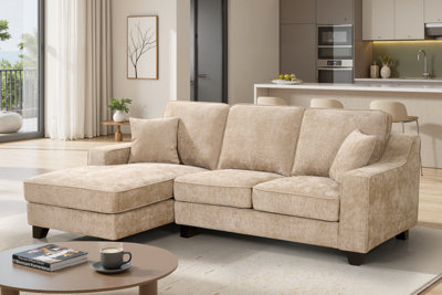 Beige Chenille Fabric Left Hand Facing Chaise Corner Sofa NATHAN