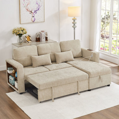 Beige Chenille L-Shape Sofa Bed with Reversible Storage Chaise ...