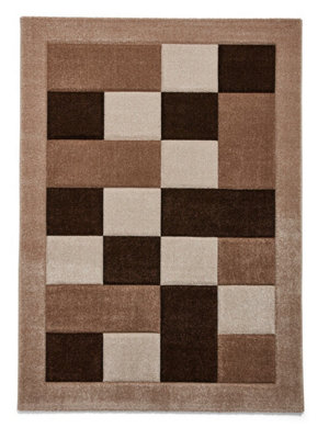 Beige Chequered Rug, Geometric Bordered Rug, 10mm Thick Stain-Resistant Rug, Modern Rug for Dining Room-60cm X 120cm