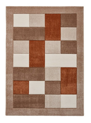 Beige Chequered Rug, Geometric Rug, 10mm Thick Bordered Rug, Modern Beige Rug for Bedroom, & Dining Room-80cm X 150cm