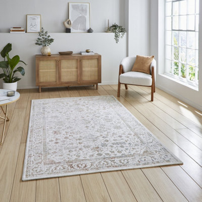 Beige Cream Abstract Bordered 8mm Pile Rug for Bedroom, Living, DiningRoom, Easy to Clean Traditional Rug-120cm X 170cm
