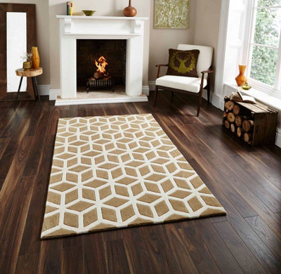 Beige Cream Handmade Geometric Rug For Living Room Dinning Room Utility Room-120cm X 170cm (3ft. 11in. X 5ft. 6in.)
