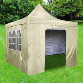 Beige Deluxe Commercial Gazebo with Zipped Removable Sides - 3m x 3m - Waterproof PVC Coated