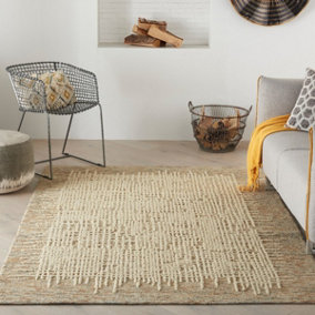 Beige Easy to Clean Abstract Geometrical Handmade Modern Wool Rug for Living Room, Bedroom - 114cm X 175cm
