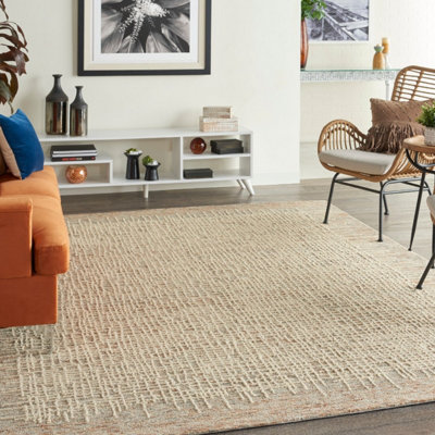 Beige Easy to Clean Abstract Geometrical Handmade Modern Wool Rug for Living Room, Bedroom - 114cm X 175cm