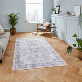 Beige Easy to Clean Bordered , Geometric Traditional Rug for Living Room, Bedroom - 120cm X 170cm