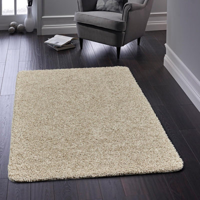 Beige Easy to Clean Modern Plain Shaggy Rug for Bedroom, Living Room, Dining Room - 67 X 150cm (Runner)