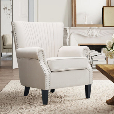 Beige Fabric Upholstered Wingback Armchair Sofa Chair Nail Head Arm Chair with Wooden Legs