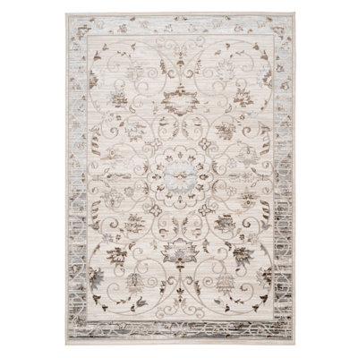 Beige Floral Patterned Border Bedroom Living Area Rug 120x170cm