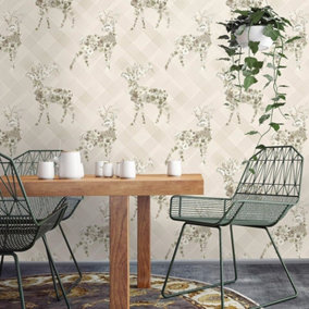 Beige Floral Stag Wallpaper Calla Geometric Pattern Non-Woven Paste The Wall