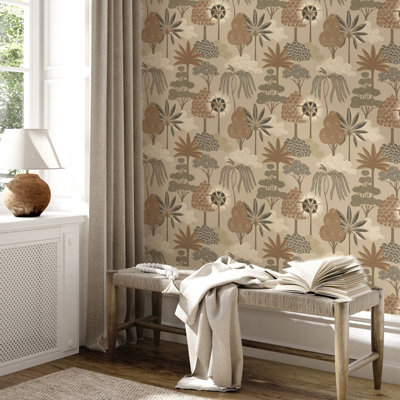 Beige Floral Wallpaper Botanical Forest Trees Leaves Gold Metallic Feature Wall